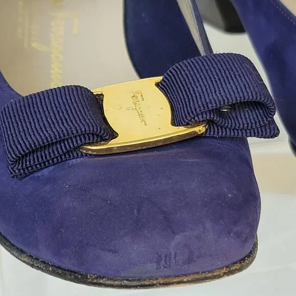 Vintage Salvatore Ferragamo Purple Nubuck Vara Plate Bow Low-Heel Pump Shoes 9AA - Picture 13 of 16